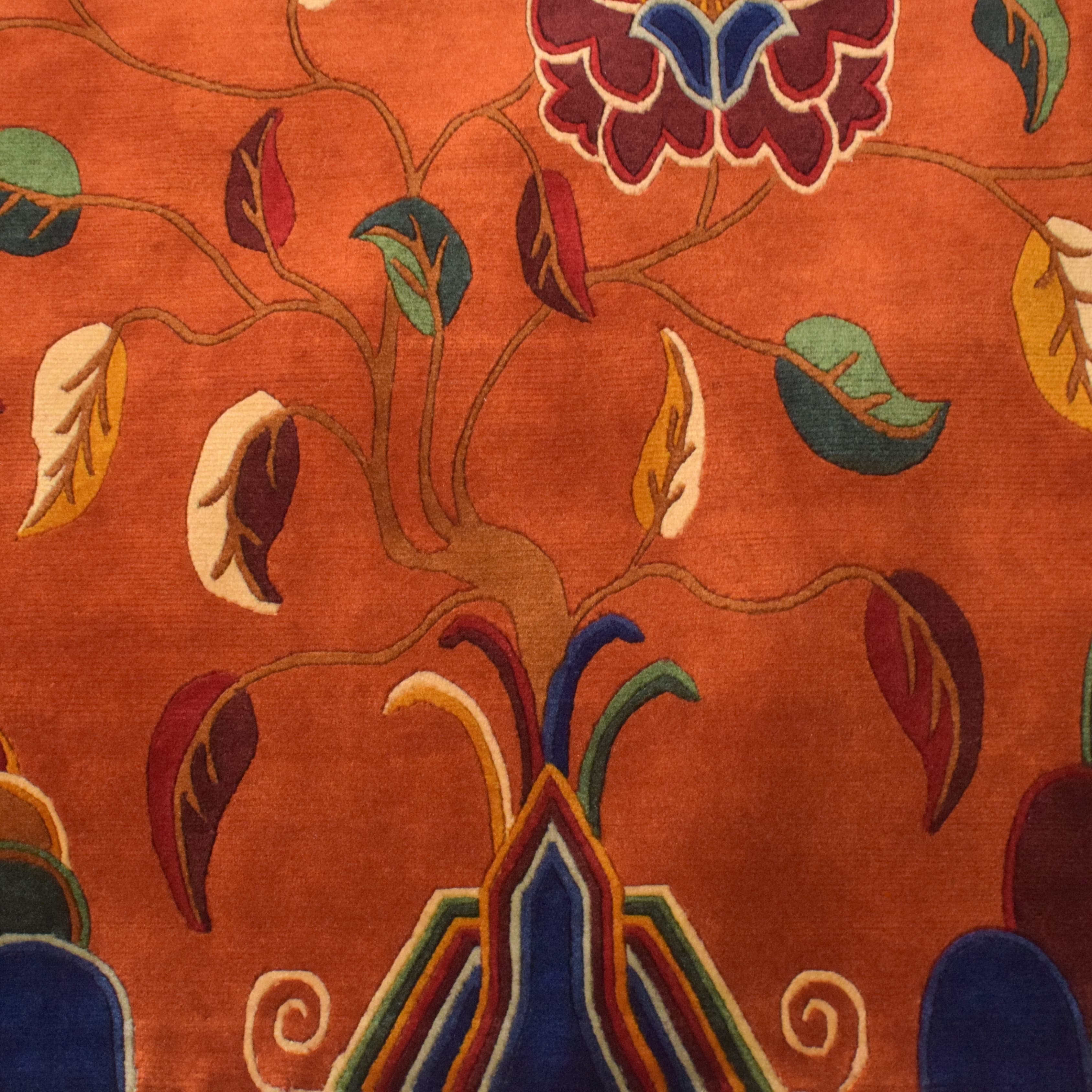 Handmade Nepal Tibetan Wool Carpet – Orange Tree of Life Floral Design 2