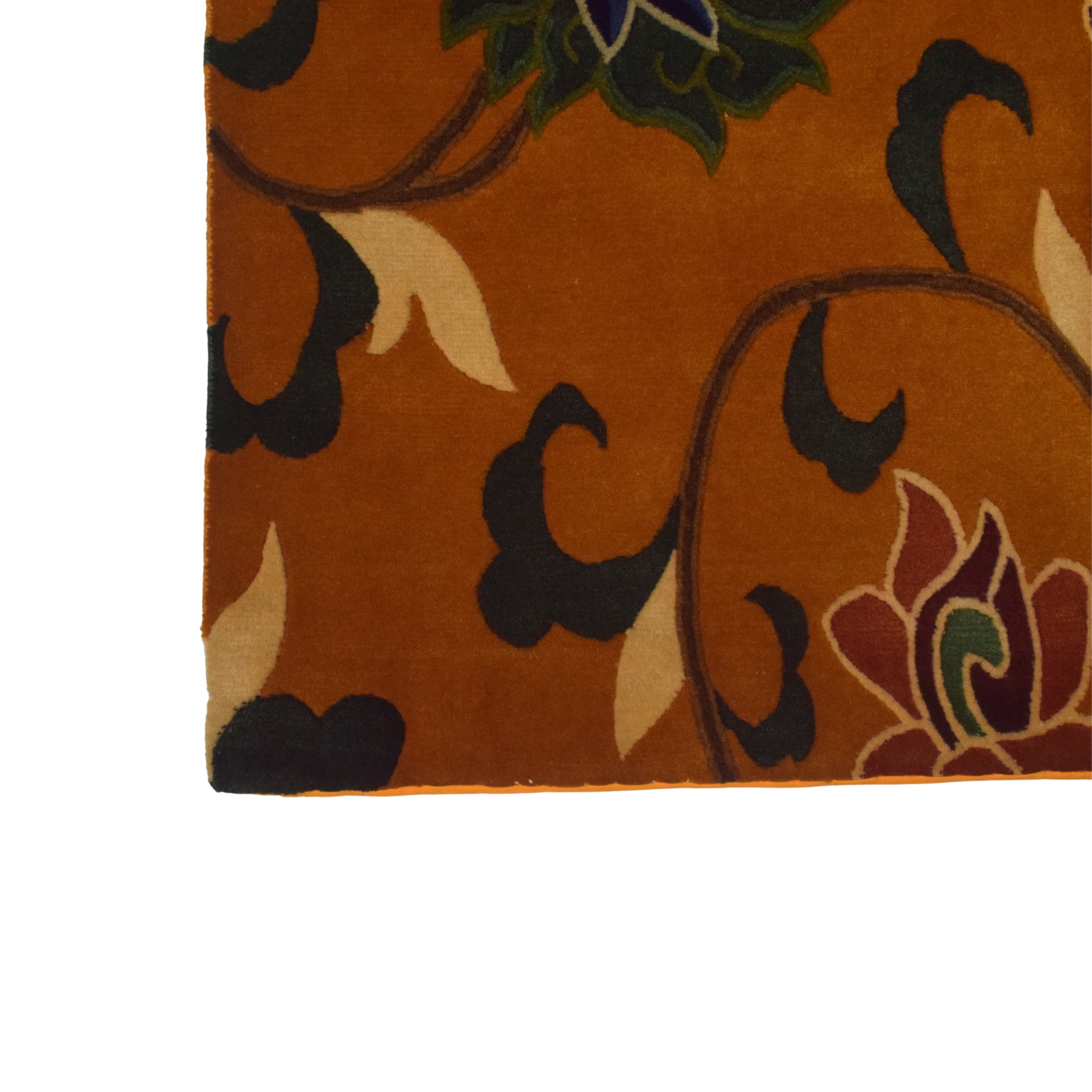 Handmade Nepal Tibetan Wool Carpet – Golden Lotus Floral Vine Design 2
