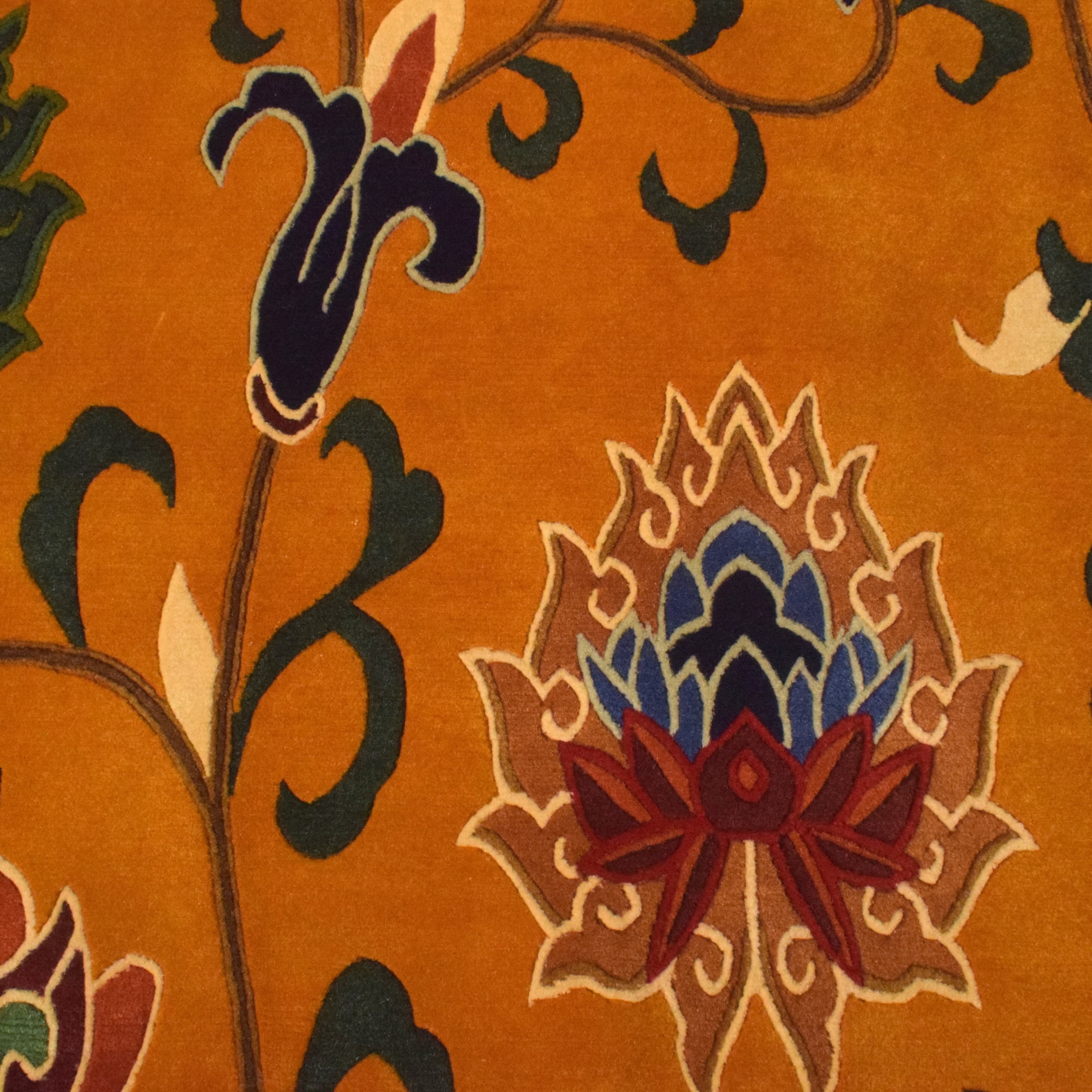 Handmade Nepal Tibetan Wool Carpet – Golden Lotus Floral Vine Design 3