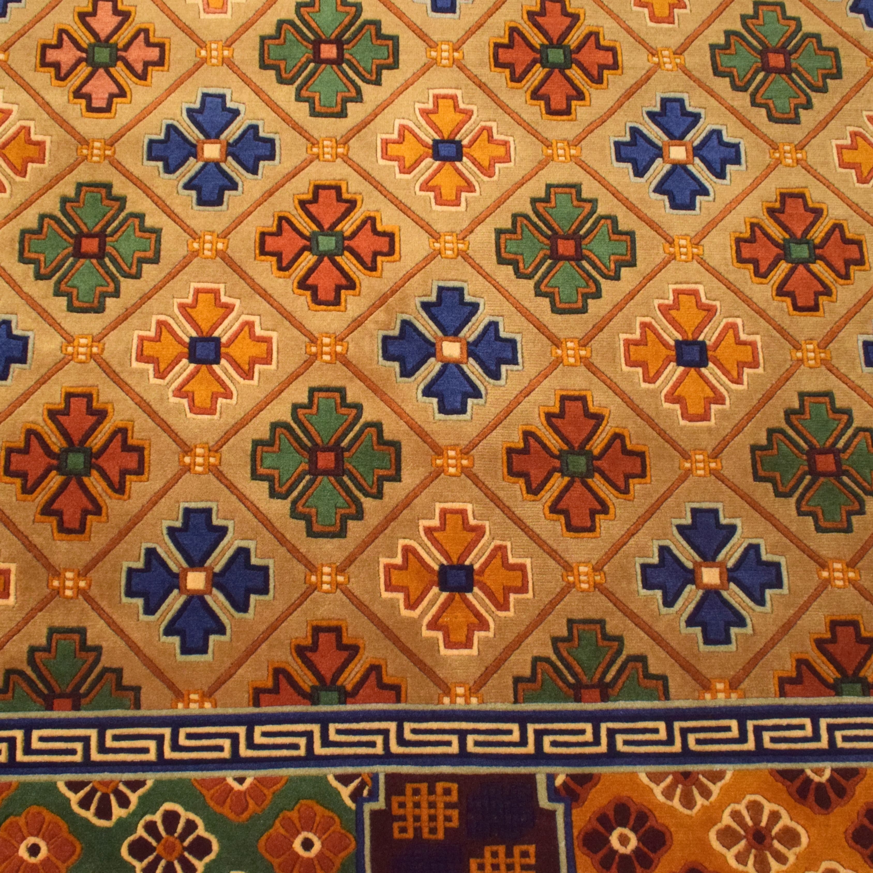 Handmade Nepal Tibetan Wool Carpet – Beige Geometric Diamond Pattern 5
